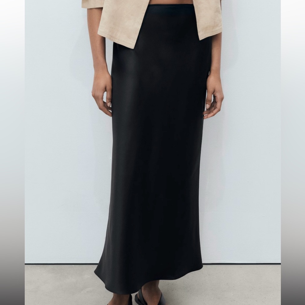 Mango | Satin Black Midi Skirt